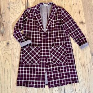 Anthropologie Harlyn Burgundy and White Plaid Long Jacket, size L